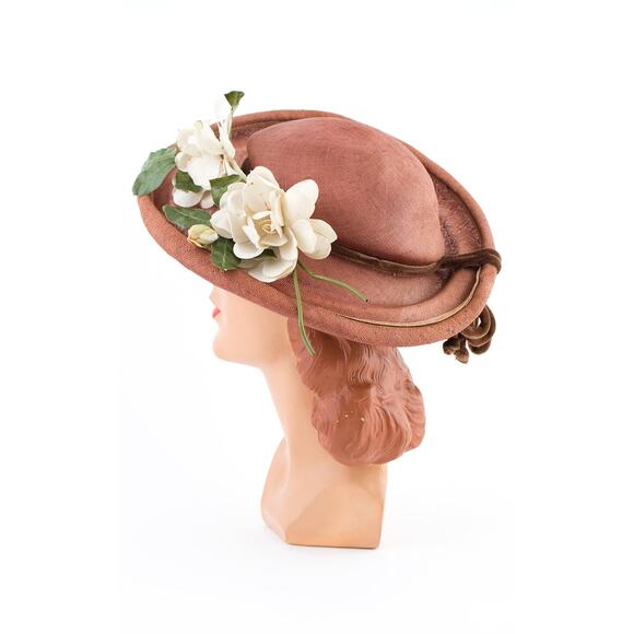 Vintage 1950s Sun Hat 50s White Floral Woven Brown Straw Wide Brim Picture Hat main image 3
